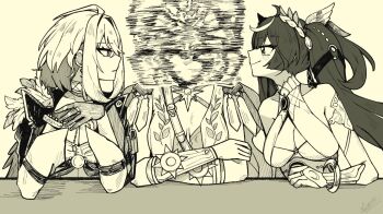 3girls ahoge arm_armor armlet armor augusta_(wuthering_waves) bare_shoulders breastplate breasts bridal_gauntlets cleavage closed_mouth commentary_request dated galbrena_(wuthering_waves) gloves hair_belt hand_up iuno_(wuthering_waves) jewelry laurel_crown light_blush looking_at_another medium_breasts monochrome multiple_girls parody purple_eyes sidelocks signature smile starblame the_weaker_sex_1_(gibson) vambraces wuthering_waves