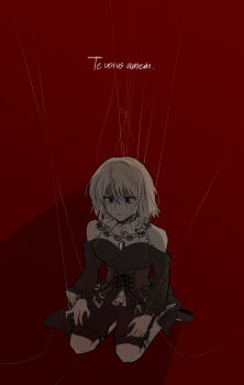 1girl bang_dream! bang_dream!_it&#039;s_mygo!!!!! black_dress blonde_hair clothing_cutout commentary_request doloris_(bang_dream!) dress highres kneeling latin_text medium_hair misumi_uika parted_lips puppet_strings purple_eyes red_background red_shorts shorts shoulder_cutout solo tears translation_request yrk_ev