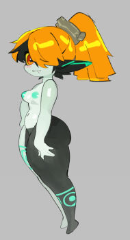 1girl ass barefoot black_hair black_skin blue_skin breasts colored_sclera colored_skin fang full_body grey_background hair_over_one_eye huge_ass imp looking_at_viewer midna multicolored_hair multicolored_skin navel nintendo nipples nude orange_hair pointy_ears ponytail red_eyes solo the_legend_of_zelda the_legend_of_zelda:_twilight_princess thick_thighs thighs two-tone_hair two-tone_skin wamudraws yellow_sclera