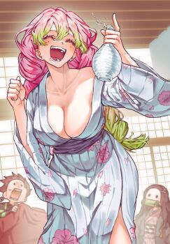 1boy 2girls absurdres bit_gag black_hair braid breasts cleavage clenched_hand closed_eyes collarbone commentary_request cowboy_shot floral_print floral_print_kimono gag gradient_hair green_hair green_streaks grey_kimono hair_between_eyes hands_up highres holding indoors japanese_clothes kamado_nezuko kamado_tanjirou kanroji_mitsuri kimetsu_no_yaiba kimono large_breasts long_hair long_sleeves mole mole_under_each_eye mole_under_eye multicolored_hair multiple_girls multiple_moles open_mouth pink_hair print_kimono realistic_teeth sash smile solid_circle_eyes solo_focus spilling teeth tongue twin_braids two-tone_hair user_tujw2874 wide_sleeves