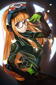 1girl adjusting_eyewear ahoge black-framed_eyewear blunt_bangs bodysuit brown_eyes commentary glasses gloves goggles goggles_on_head green_bodysuit green_gloves grin hand_on_own_hip highres long_hair looking_at_viewer oracle_(persona_5) orange_hair persona persona_5 sakura_futaba smile solo straight_hair wanderstillart