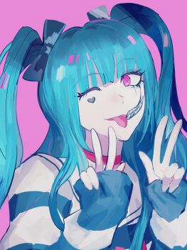 1girl amemiya_darumi bed_sheet bowknot_huhu collar double_v eyebrows eyelashes female_focus heart highres long_hair looking_at_viewer makeup one_eye_closed pink_eyes runny_makeup shirt simple_background smile solo solo_focus striped_clothes striped_shirt the_hundred_line_-last_defense_academy- tongue tongue_out twintails upper_body v wink