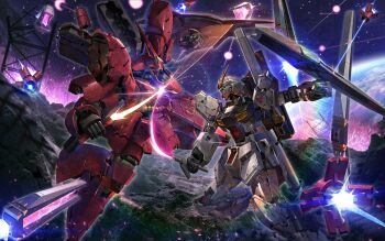 Rule 34 | absurdres, arm shield, asteroid, axis (gundam), char's counterattack, clash, commentary, duel, earth (planet), energy sword, english commentary, firing, funnels (gundam), glowing, glowing eyes, green eyes, gundam, highres, holding, holding sword, holding weapon, mecha, mecha focus, mf draws, mobile suit, no humans, nu gundam, one-eyed, one-eyed mecha, planet, robot, sazabi, science fiction, space, sword, sword clash, v-fin, weapon