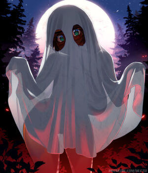 1girl black_hair breasts brown_hair dark-skinned_female dark_skin forest full_moon ghost_costume glasses green_eyes kim_(mleth) large_breasts looking_at_viewer mleth moon naked_costume nature night original outdoors see-through_silhouette solo