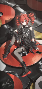 Rule 34 | 1girl, absurdres, ahoge, bare shoulders, black boots, black choker, black pantyhose, black shirt, blush, boots, cellphone, choker, closed mouth, clothing cutout, drill hair, earphones, elbow cutout, hair between eyes, hair ribbon, highres, jewelry, kasane teto, kieed, long hair, looking at viewer, necklace, pantyhose, phone, red eyes, red hair, red ribbon, ribbon, shirt, shoulder cutout, sidelocks, sitting, smartphone, smile, solo, star (symbol), star necklace, twin drills, utau