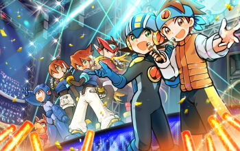 1girl 5boys aile_(mega_man_zx) arm_up black_bodysuit blonde_hair blue_bodysuit blue_headband blue_jacket bodysuit brown_eyes brown_hair commentary_request confetti green_eyes headband helmet highres holding holding_microphone jacket lan_hikari_(mega_man) mega_man_(character) mega_man_(classic) mega_man_(series) mega_man_battle_network_(series) mega_man_zero_(series) mega_man_zx megaman.exe microphone multiple_boys open_mouth orange_vest pants pechka rush_(mega_man) shirt vent_(mega_man) vest white_pants white_shirt zero(z)_(mega_man) zero_(mega_man)