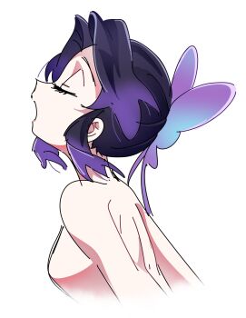 Rule 34 | 1girl, butterfly hair ornament, closed eyes, eyelashes, from side, hair ornament, hashtag-only commentary, highres, kimetsu no yaiba, kochou shinobu, open mouth, purple hair, short hair, sidelocks, simple background, solo, soyeonp19, topless female, upper body, white background