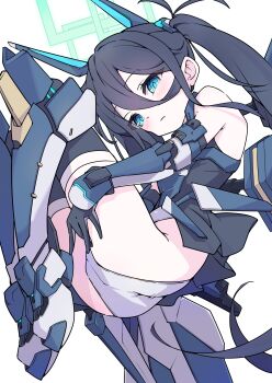 Rule 34 | 1girl, absurdly long hair, aqua halo, aris (armed) (blue archive), aris (blue archive), black hair, blue archive, commentary request, expressionless, hair between eyes, halo, headgear, highleg, highleg leotard, highres, knees up, leotard, long hair, long hair between eyes, mecha musume, mechanical legs, mechanical wings, mosuke1221, multicolored leotard, official alternate costume, rectangular halo, ringed eyes, showgirl skirt, solo, twintails, very long hair, white background, wings