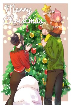 1boy 2girls ahoge anya_(spy_x_family) black_dress black_hair black_pantyhose black_skirt blonde_hair bond_(spy_x_family) border brown_background candy candy_cane carrying child christmas_ornaments christmas_tree dated dog dress earrings facing_away feet_out_of_frame food from_behind gold_earrings green_sweater hairband hairpods highres holding_ornament jewelry long_dress long_hair medium_hair merry_christmas multiple_girls own_hands_together pantyhose piggyback pink_hair red_sweater short_hair sidelocks skirt smile spy_x_family sweater twilight_(spy_x_family) umini_ikukara updo white_border white_hairband yellow_pantyhose yor_briar