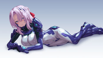 Rule 34 | 1girl, arm support, armored bodysuit, black bodysuit, blue bodysuit, blue eyes, bodysuit, breasts, commentary request, covered erect nipples, covered navel, fortified suit, gradient background, hair ribbon, headgear, highres, impossible bodysuit, impossible clothes, kurione (zassou), light blush, looking at viewer, lying, mecha pilot suit, medium breasts, medium hair, multicolored bodysuit, muv-luv, muv-luv alternative, on stomach, original, parted lips, pink hair, ribbon, shiny clothes, simple background, skin tight, solo, white bodysuit