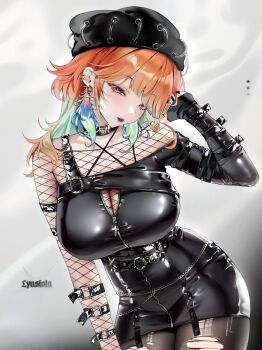 1girl alternate_costume black_dress black_hat black_nails black_pantyhose breasts cleavage colored_inner_hair commentary cowboy_shot criss-cross_halter dress earrings english_commentary feathers fishnet_top fishnets goth_fashion green_feathers green_hair hair_flaps halterneck hand_up hat highres hololive hololive_english jewelry large_breasts long_hair looking_at_viewer lyusiola multicolored_hair nail_polish off-shoulder_dress off_shoulder open_mouth orange_hair pantyhose partially_unzipped purple_eyes short_dress single_sleeve_past_wrist single_strap solo takanashi_kiara torn_clothes torn_pantyhose virtual_youtuber zipper_dress
