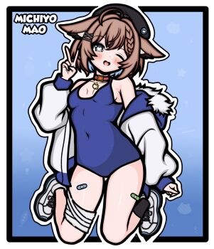 1girl :d ahoge animal_collar animal_ear_fluff animal_ears bandaged_leg bandages bandaid_on_thigh beret black_hat blue_background blue_hair blue_one-piece_swimsuit blush border braid breasts brown_hair cat_ears cat_girl cat_pendant character_name collar colored_inner_hair commentary commission covered_navel ears_down green_eyes hair_ornament hand_up hat heart heart-shaped_pupils highres hood hood_down hooded_jacket indie_virtual_youtuber jacket kneeling long_sleeves looking_at_viewer michiyo_mao monochrome multicolored_hair off_shoulder one-piece_swimsuit one_eye_closed open_mouth pendant_choker puffy_long_sleeves puffy_sleeves shoes short_hair small_breasts smile sneakers solo spanish_commentary swimsuit symbol-shaped_pupils v virtual_youtuber white_border white_jacket white_shoes x_hair_ornament yeizer