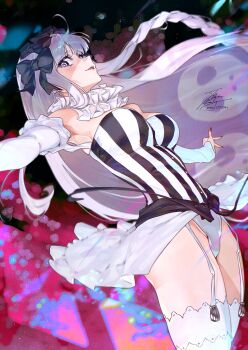 1girl armpits artist_name black_bow blurry blush bokeh bow braid breasts collar commentary_request cowboy_shot depth_of_field detached_collar detached_sleeves fadingz fate/strange_fake fate_(series) francesca_prelati_(fate) frilled_collar frills garter_straps hair_bow large_breasts leotard long_hair looking_at_viewer multicolored_leotard multiple_hair_bows parted_lips pixiv_id showgirl_skirt signature skirt solo strapless strapless_leotard striped_clothes striped_leotard thighhighs two-tone_leotard vertical-striped_clothes vertical-striped_leotard very_long_hair white_hair white_skirt white_thighhighs