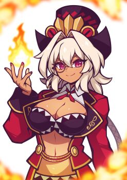 1girl absurdres bacon_strips bra breasts cleavage coat commission cosmic_break dark-skinned_female dark_skin fire flareleon hat highres large_breasts long_sleeves looking_at_viewer midriff monocle musical_note navel open_clothes open_coat pyrokinesis red_coat red_eyes underwear white_hair