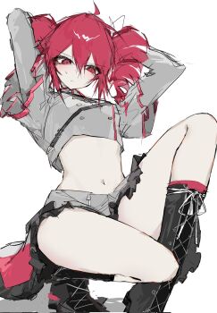 Rule 34 | 1girl, ahoge, boots, drill hair, grey jacket, grey skirt, highres, jacket, kasane teto, kasane teto (sv), midriff, red eyes, red hair, simple background, skirt, solo, sweat, sweatdrop, synthesizer v, thighs, ummwa, utau, white background