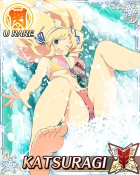 1girl :d barefoot bikini blonde_hair blue_ribbon border breasts card_(medium) character_name cleavage_cutout clothing_cutout front-tie_bikini_top front-tie_top game_cg green_eyes hair_ribbon katsuragi_(senran_kagura) large_breasts long_hair looking_at_viewer navel official_art one_eye_closed open_mouth pink_bikini ribbon senran_kagura senran_kagura_new_wave smile solo spread_legs swimsuit third-party_source very_long_hair water water_slide