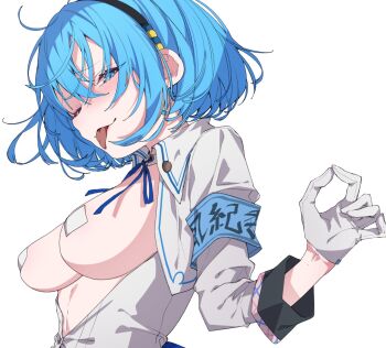 1girl :p armband black_hairband blue_armband blue_eyes blue_hair blue_ribbon border breasts breasts_out commentary_request enomoto_nao gloves hairband highres long_sleeves looking_at_viewer medium_breasts minotsuki_academy_school_uniform money_gesture nukigee_mitai_na_shima_ni_sunderu_watashi_wa_dou_surya_ii_desu_ka? onabuta_ikuko open_clothes open_shirt partially_unbuttoned pasties ribbon school_uniform shirt short_hair signature simple_background solo tongue tongue_out upper_body white_background white_border white_gloves white_shirt