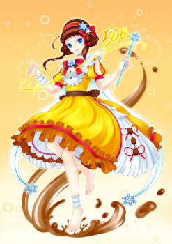 1girl ankle_garter anklet anniversary bad_id bad_pixiv_id barefoot blue_eyes braid brown_hair chocolate dress female_focus hair_ornament hair_ribbon hairband jewelry original ribbon short_hair smile snowflake_hair_ornament snowflakes solo wand yukico-tan yukijirushi