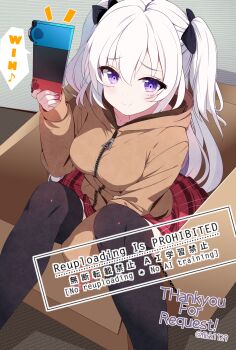 1girl black_thighhighs borrowed_character brown_hoodie brown_jacket commentary_request furisuku_(gerbera) hair_between_eyes handheld_game_console highres holding holding_handheld_game_console hood hoodie jacket nintendo_switch original purple_eyes red_skirt skirt thighhighs thighs twintails white_hair