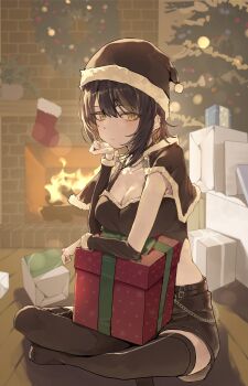 Rule 34 | 1girl, absurdres, black capelet, black hair, black hat, black shorts, black thighhighs, black tube top, blonde hair, blush, box, breasts, capelet, christmas tree, cleavage, collarbone, commentary request, detached sleeves, ear piercing, fire, fireplace, fur-trimmed capelet, fur-trimmed headwear, fur-trimmed sleeves, fur trim, gift, gift box, hat, highres, idolmaster, idolmaster shiny colors, ikaruga luca, indian style, indoors, looking at viewer, medium breasts, multicolored hair, official alternate costume, piercing, santa hat, shorts, sitting, solo, strapless, thighhighs, tube top, two-tone hair, wooden floor, yamada no orochi
