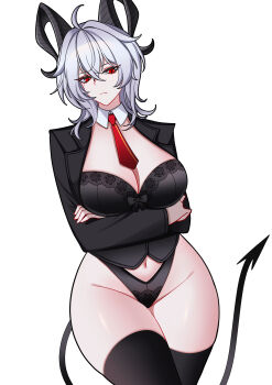 1girl absurdres alternate_costume black_horns black_panties black_thighhighs breasts charlie_purrito closed_mouth commentary cowboy_shot crossed_arms crossed_bangs curled_horns detached_collar english_commentary hair_between_eyes highres horns large_breasts long_sleeves looking_at_viewer medium_hair mole mole_under_eye navel necktie panties red_eyes red_necktie simple_background solo tail thighhighs underwear white_background white_hair wuthering_waves zani_(wuthering_waves)