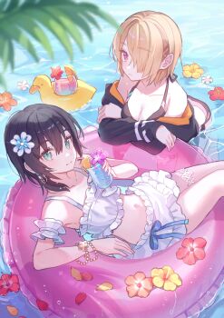2girls absurdres afloat aoi_erika aqua_eyes arm_garter ban_(one_ban7241) bare_shoulders bikini bikini_skirt black_bikini black_hair black_jacket blonde_hair blue_eyes bracelet breasts cleavage closed_mouth collarbone commentary_request commission cup drink drinking_glass drinking_straw earrings flower food frilled_bikini frills hair_between_eyes hair_flower hair_ornament hair_over_one_eye hairclip halterneck heaven_burns_red hibiscus highres holding holding_cup innertube jacket jewelry kayamori_ruka leaning_forward long_sleeves looking_at_viewer medium_breasts multiple_girls navel off_shoulder official_art open_clothes open_jacket outdoors partially_submerged petals petals_on_liquid red_eyes red_flower rubber_duck second-party_source short_hair smile swim_ring swimsuit tropical_drink water white_bikini yellow_flower