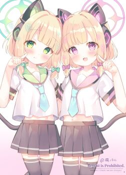 2girls :d :t alternate_costume animal_ear_headphones animal_ears artist_name artistic_error black_skirt black_tail black_thighhighs blonde_hair blue_archive blue_necktie blunt_bangs blunt_ends blush bow cat_ear_headphones cat_ears cat_tail closed_mouth commentary_request cowboy_shot dot_nose extra_digits fake_animal_ears fake_tail fang finger_to_cheek gradient_background green_bow green_eyes green_halo green_sailor_collar hair_bow halo hand_up head_tilt headphones heads_together highres looking_at_viewer low-tied_sidelocks medium_hair midori_(blue_archive) midriff_peek moeno_uni momoi_(blue_archive) multiple_girls navel necktie open_mouth pink_background pink_bow pink_eyes pink_halo pink_sailor_collar pleated_skirt sailor_collar sailor_shirt school_uniform serafuku shirt short_sleeves siblings side-by-side sidelocks sisters skin_fang skirt smile tail thighhighs twins two-tone_background watermark white_background white_shirt