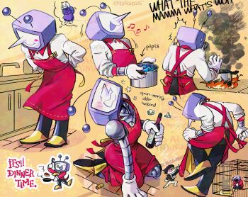 1girl 2boys ant_tenna apron black_pants blush blush_stickers bottle bowl burning cage clothed_robot collared_shirt cooking_pot crt crying_emoji deltarune emoji english_text frying_pan furry furry_female glasses gloves highres holding holding_bottle holding_cooking_pot holding_frying_pan humanoid_robot kneeling long_nose multiple_boys multiple_views musical_note object_head pants pet_bowl pipis_(deltarune) pointy_nose pottan_mitsuana purple_apron radio_antenna red_apron robot shirt shoes single_blush_sticker size_difference sleeves_rolled_up smile smoke spamton_g._spamton speech_bubble standing sweat thought_bubble toriel utdr_(toby_fox) white_gloves white_shirt yellow_shoes