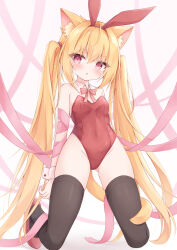 Rule 34 | 1girl, animal ear fluff, animal ears, bare shoulders, black thighhighs, blonde hair, bow, bowtie, breasts, cat ears, cat tail, commentary request, covered navel, fake animal ears, full body, hairband, highres, kneeling, leotard, long hair, looking at viewer, mochizuki riku, open mouth, original, pink ribbon, red bow, red bowtie, red leotard, ribbon, shoes, small breasts, solo, tail, thighhighs, thighs, twintails, very long hair, white wrist cuffs, wrist cuffs, yellow tail