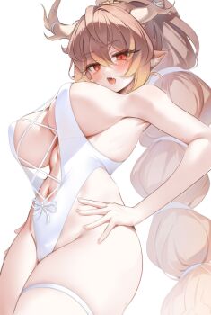 1girl absurdres animal_ears antlers blush breasts brown_hair casual_one-piece_swimsuit cowboy_shot diana_(trickcal) double-parted_bangs from_below hair_between_eyes hands_on_own_hips highres horns large_breasts long_hair looking_at_viewer na1tsu2me3 navel one-piece_swimsuit open_mouth red_eyes simple_background solo swimsuit thigh_strap trickcal white_background white_one-piece_swimsuit