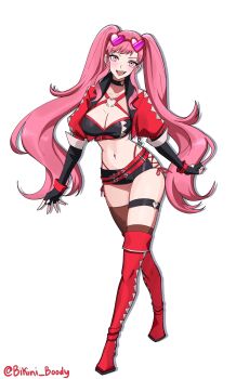 1girl absurdres alternate_costume alternate_hairstyle bandeau belt bikini_boody black_bandeau black_choker black_gloves blush breasts choker cleavage commentary cropped_jacket english_commentary eyewear_on_head fingerless_gloves fire_emblem fire_emblem:_three_houses gloves heart heart-shaped_eyewear heart_choker highres hilda_valentine_goneril jacket large_breasts long_hair looking_at_viewer navel nintendo open_clothes open_jacket open_mouth panty_straps pink-tinted_eyewear pink_eyes pink_hair purple-tinted_eyewear red_jacket red_thighhighs shorts smile solo stomach sunglasses thigh_strap thighhighs tinted_eyewear twintails white_background