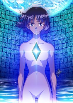 1girl black_hair blue_eyes breasts collarbone dark-skinned_female dark_skin earth_(planet) expressionless fushigi_no_umi_no_nadia gem glowing marco_albiero medium_breasts nadia_la_arwall navel no_nipples no_pussy nude planet signature solo wading