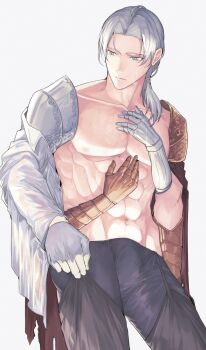 1boy abs adjusting_clothes aqua_eyes arm_at_side armor asymmetrical_armor black_pants cape closed_mouth collared_shirt commentary cowboy_shot curtained_hair d_hunter_of_the_dead elden_ring english_commentary expressionless extra_arms gaiters gauntlets gloves gold_armor grey_hair hair_over_shoulder highres kharu11 looking_to_the_side male_focus medium_hair pants parted_bangs pauldrons pectorals red_cape self_hug shirt shirt_partially_removed shoulder_armor simple_background single_glove solo standing thighhigh_gaiters thighhighs toned toned_male topless_male water_drop wet white_background white_gloves white_shirt