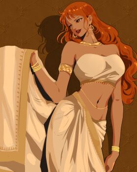 1girl absurdres alternate_costume armlet bangle bare_shoulders bindi bracelet breasts brown_background brown_eyes commentary cowboy_shot dark-skinned_female dark_skin earrings english_commentary gold_armlet gold_bracelet gold_earrings gold_necklace highres indian_clothes jewelry large_breasts long_hair looking_to_the_side midriff nami_(one_piece) navel necklace one_piece orange_hair parted_lips prenkuchan red_lips sari solo strapless tube_top wavy_hair white_saree white_tube_top