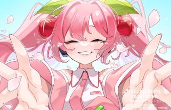 Rule 34 | 1girl, akita aaa, breasts, cherry blossoms, cherry hair ornament, closed eyes, collarbone, collared shirt, commentary request, crying, detached sleeves, facing viewer, fingernails, flower, food-themed hair ornament, hair between eyes, hair ornament, happy tears, hatsune miku, headset, light blush, long hair, long sleeves, nail polish, necktie, open mouth, pink hair, pink nails, pink necktie, reaching, reaching towards viewer, sakura miku, shirt, sleeveless, sleeveless shirt, small breasts, smile, solo, tears, twintails, upper body, very long hair, vocaloid, watermark, white shirt, wide sleeves