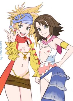 2020 2girls aged_down armband artist_name asymmetrical_legwear blonde_hair blue_headband breasts breasts_out brown_hair brown_skirt cameltoe closed_mouth commission cowboy_shot detached_sleeves earrings feet_out_of_frame female_focus final_fantasy final_fantasy_x final_fantasy_x-2 green_eyes hair_ornament hand_on_own_hip headband highleg highleg_panties jewelry loli looking_at_viewer medium_hair miniskirt multiple_girls navel nipples open_mouth panties red_scarf rikku_(ff10) scarf simple_background skirt small_breasts smile sooperman standing teeth thighs underwear upper_teeth_only v white_background yellow_armband yellow_panties yuna_(ff10)