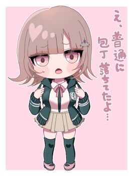 1girl :o black_thighhighs blunt_bangs blush breasts brown_hair chibi collared_shirt danganronpa_(series) danganronpa_2:_goodbye_despair flipped_hair hair_ornament highres holding_strap hood jacket long_sleeves looking_at_viewer medium_hair nanami_chiaki neck_ribbon open_clothes open_jacket pink_eyes pink_ribbon pink_shoes pleated_skirt ribbon sato_sora shirt shoes skirt solo standing thighhighs white_shirt zettai_ryouiki