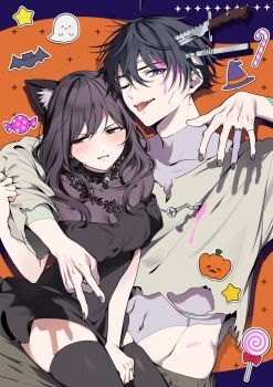 1boy 1girl ;p animal_ears arm_around_shoulder bat_(animal) bell between_legs black_dress black_hair black_thighhighs blood blue_eyes blue_skin blush brown_eyes candy candy_cane cat_ears colored_skin commentary dot_nose dress food ghost grabbing_another&#039;s_arm halloween hand_between_legs hat highres hip_bones ichihara_chihiro jewelry kajikawa_saki knife_in_head kyapefuro lollipop long_hair multicolored_skin navel neck_bell object_through_head one_eye_closed outstretched_arms patchwork_skin pink_blood ring screw_in_body sefri_no_ichihara_ga_nigashite_kurenai shirt short_hair star_(symbol) stitched_torso stitches stomach sweatdrop thighhighs tongue tongue_out torn_clothes torn_shirt two-tone_skin v wedding_ring witch_hat zombie zombie_pose