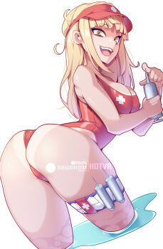Rule 34 | 1girl, :d, alternate hairstyle, ass, blonde hair, boku no hero academia, breasts, cleavage, commentary, english commentary, fangs, highres, holding, holding syringe, hot vr, large breasts, lifeguard, long hair, looking at viewer, one-piece swimsuit, open mouth, partially submerged, pixiv username, red one-piece swimsuit, simple background, smile, solo, subscribestar username, swimsuit, syringe, tan, tanline, teeth, toga himiko, upper teeth only, visor cap, white background, yellow eyes