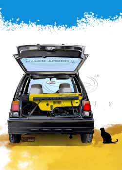 2025 artist_name black_car black_cat car car_trunk cat commentary_request copyright_notice exhaust_pipe highres honda honda_city honda_motocompo leaf logo motor_vehicle motorcycle nimbus_goldbrum no_humans original product_placement rear-view_mirror scooter shadow silhouette simple_background vehicle_focus watermark wheel white_background