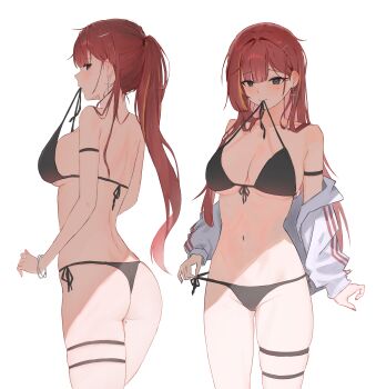 1girl absurdres akane_lize arm_strap ass bangle bare_shoulders bikini black_bikini black_eyes bracelet breasts cleavage collarbone commentary cowboy_shot cross cross_earrings earrings from_behind front-tie_bikini_top front-tie_top highres jacket jewelry large_breasts long_hair long_sleeves looking_at_viewer looking_back median_furrow meosic2 mole mole_on_breast mole_on_thigh mole_under_eye mouth_hold multicolored_hair multiple_views navel off_shoulder open_clothes open_jacket ponytail red_hair side-tie_bikini_bottom simple_background skindentation stellive stomach streaked_hair string_bikini swimsuit thigh_strap thighs untied_bikini very_long_hair virtual_youtuber white_background white_jacket