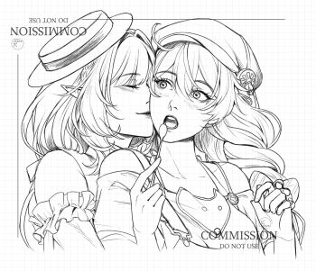 2girls braid commentary commission elf elysia_(honkai_impact) elysia_(sweet_memories)_(honkai_impact) english_commentary greyscale hat highres holding holding_spoon honkai_(series) honkai_impact_3rd hug hug_from_behind kiana_kaslana kiana_kaslana_(sweet_memories) kokotuo long_hair monochrome multiple_girls official_alternate_costume open_mouth pointy_ears shirt spoon tilted_headwear upper_body very_long_hair vgen_commission yuri