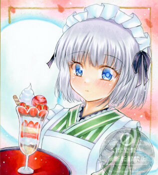 Rule 34 | 1girl, alternate costume, apron, black hairband, blue eyes, blush, closed mouth, commentary, cream, food, green kimono, grey hair, hairband, highres, hitodama, japanese clothes, kimono, konpaku youmu, konpaku youmu (ghost), looking at viewer, maid, maid headdress, nekofish666, parfait, short hair, solo, strawberry parfait, striped clothes, striped kimono, touhou, traditional media, two-tone kimono, upper body, vertical-striped clothes, vertical-striped kimono, wa maid, watermark, white apron, white kimono