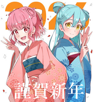 2026 2girls aqua_hair blue_kimono bow closed_mouth comadori09 commentary_request confetti double_bun floral_print floral_print_kimono hair_bow hair_bun hair_rings happy_new_year highres hinomoto_hinatsu hirose_miina japanese_clothes kimono long_hair looking_at_viewer multiple_girls new_year open_mouth pink_eyes pink_hair pink_kimono print_kimono shine_post teeth v white_bow yellow_eyes