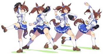 1girl absurdres animal_ears arms_up bandaid bandaid_on_knee bandaid_on_leg baseball baseball_glove bike_shorts blue_skirt breasts brown_footwear brown_hair buttons closed_mouth double-breasted frown full_body highres hishi_akebono_(umamusume) horse_ears horse_girl horse_tail jacket kneehighs loafers long_sleeves looking_afar medium_breasts medium_hair miniskirt motion_blur multiple_views nishiki_kazue outstretched_arm pitching pleated_skirt red_eyes sequential shoes skirt socks standing standing_on_one_leg tail throwing twintails umamusume upskirt v-shaped_eyebrows white_background white_jacket white_socks