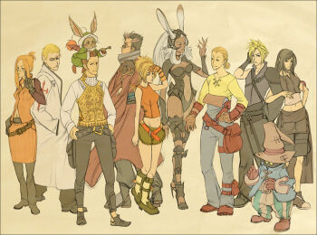 00s 1990s_(style) 4girls 6+boys animal_ears artist_request auron bag balflear bat_wings belt black_hair blonde_hair boots breasts brown_hair cleavage cloud_strife coat crossover dark-skinned_female dark_skin everyone final_fantasy final_fantasy_ix final_fantasy_tactics final_fantasy_vii final_fantasy_vii:_advent_children final_fantasy_viii final_fantasy_x final_fantasy_xii fran_(ff12) glasses gloves hands_on_own_hips hat high_heels in-franchise_crossover ivalice_alliance lineup locked_arms long_hair midriff moogle multicolored_hair multiple_boys multiple_girls mustadio_bunansa nono_(final_fantasy) nono_(ivalice_alliance) object_on_head orange_hair pink_hair pointing ponytail quistis_trepe rabbit_ears retro_artstyle rikku_(ff10) scar seifer_almasy shoes short_hair skirt smile sunglasses tank_top tifa_lockhart trench_coat two-tone_hair viera vivi_ornitier vivi_orunitia white_hair wings witch_hat wizard_hat