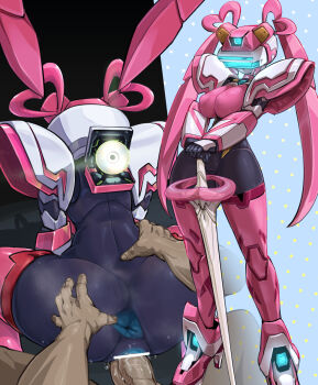 1boy 1girl ^^^ android anus armor bar_censor black_skin breasts censored colored_skin fei-yen grabbing_from_behind hands_on_hilt heart heart-shaped_hair hetero holding holding_sword holding_weapon joints large_breasts long_hair multicolored_skin no_mouth pauldrons pink_hair pink_skin pochincoff pussy robophilia robot robot_girl robot_joints sex sex_from_behind shoulder_armor spread_anus standing sword thighhighs twintails vaginal virtual_on visor weapon