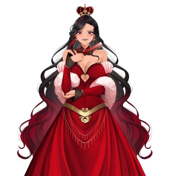 1girl absurdres alice&#039;s_adventures_in_wonderland alternate_costume bare_shoulders black_hair breasts clothing_cutout collar cosplay crown detached_collar dress earrings facial_mark feather_boa folding_fan gold_trim gradient_hair hand_fan heart heart_cutout heart_earrings heart_facial_mark highres holding holding_fan jewelry landacdeus long_hair mini_crown mole mole_on_breast mole_under_eye multicolored_hair multiple_moles nijisanji nijisanji_en open_mouth queen_of_hearts_(alice_in_wonderland) queen_of_hearts_(alice_in_wonderland)_(cosplay) red_collar red_dress red_hair scarle_yonaguni second-party_source smile solo streaked_hair tan virtual_youtuber white_background