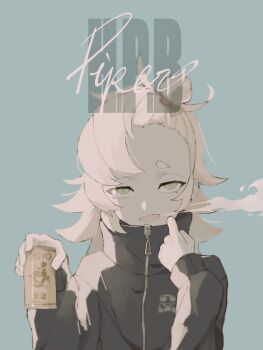 1girl alternate_costume blue_background blue_jacket breath can character_name earrings green_eyes hair_ornament hands_up highres holding holding_can jacket jewelry long_hair looking_at_viewer open_mouth piper_wheel short_eyebrows solo thick_eyebrows upper_body zen_yasai zenless_zone_zero