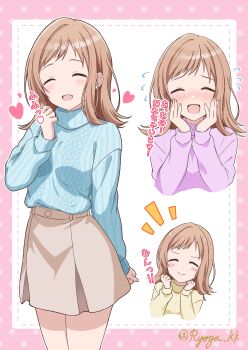 Rule 34 | :>, ^ ^, absurdres, blue sweater, blush, breasts, brown hair, brown skirt, clenched hands, closed eyes, commentary request, facing viewer, hand on own face, hands on own cheeks, hands on own face, heart, highres, idolmaster, idolmaster shiny colors, long sleeves, medium breasts, multiple views, open mouth, ryoga kk, sakuragi mano, shirt, skirt, smile, sweatdrop, sweater, turtleneck, turtleneck sweater